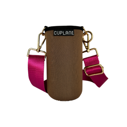 Cuplane Brown Sleeve Pink Strap HS141 freigestellt Kaffeebecher Tasche